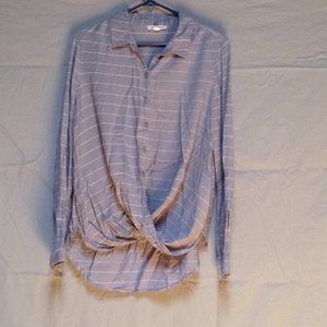 Gray & White Button Up Long Sleeve High Low   Top